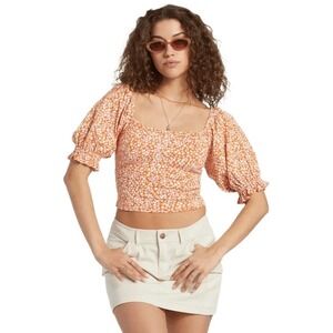 Billabong Flora Top L/12 Orange Floral Puff Sleeve Square Neck Crop Shirt NWT